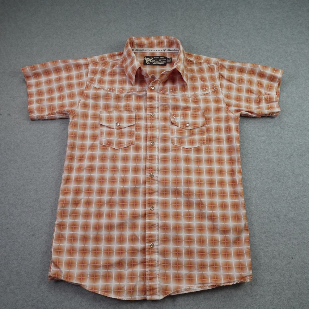 Cowboy Hardware Shirt Boys L 10/12 Orange Western Snap Short Sleeve Plaid